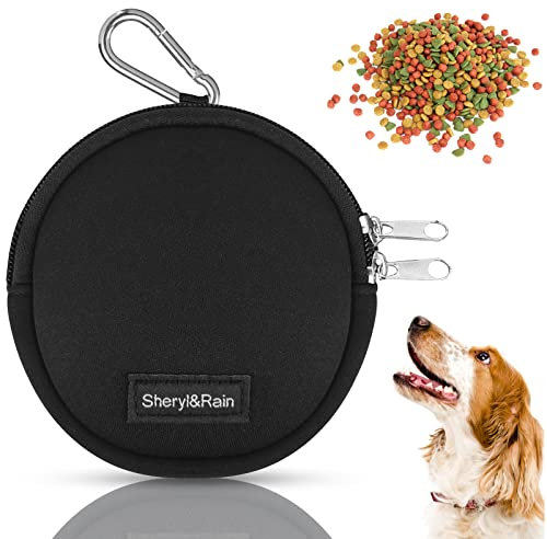 Sheryl&Rain Small Dog Treat Bag, Puppy Dog Training Pouch with Zipper Closure, Hands-Free Training Dog Treat Pouch, Includes Carabiner, for Pet Puppy Walking, Travel or Outdoor Use (Black | Round)
