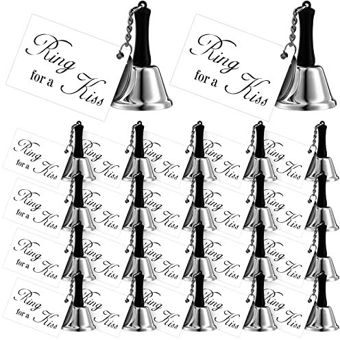 Lounsweer 24-teiliges Set mit Hochzeitsglocken für einen Kuss, Glocken mit Etiketten, Mini-Kussglocken für Hochzeitsempfang, Dekorationen, Geschenktüten, Partyzubehör (silberfarben)