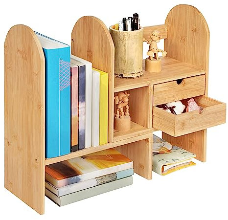 GUUSII HOME Bücherregal Klein Holz Schreibtischregal Verstellbare Tisch Regal Schreibtisch Organizer Ausbaufähig für Bücher Bürobedarf Büro Schreibtischaufsatz Bambus Tischregal Küche (Holzfarbe)