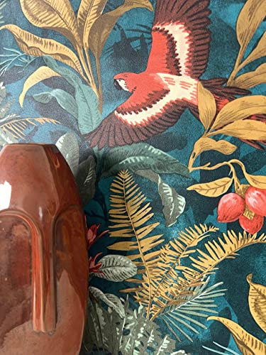 NEWROOM Tapete Petrol Vliestapete Dschungel - Mustertapete Modern Grün Rot Palmenblätter Papagei Blumentapete Tropisch Dschungeltapete Regenwald inkl. Tapezier-Ratgeber
