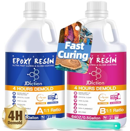 JDiction Fast Curing Epoxy Resin, 1gallon/3.8L 4H Demold Epoxy Resin Kit -Crystal Clear, Bubble-Free, Not-Yellowing, Self-Leveling for Art Resina, Jewelry, Craft, Fast Casting & Easy Mix Epoxy Resina