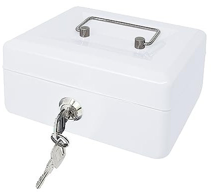 Steel Cash Box with Key Lock, Metal Small Money Organizer with Money Tray,Cash Storage Box with Lockable Cover (White-15 * 12 * 8 CM)