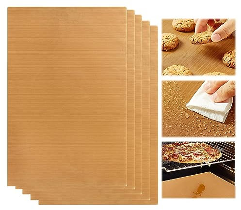 FANNAS 5 Piezas 30×40cm Marrón Claro Esterillas Barbacoa,Esterilla Barbacoa Reutilizable,Alfombrilla de Parrilla, Papel Horno Reutilizable,Bbq Estera Cortable,Apto para Horno, Plancha, Horno