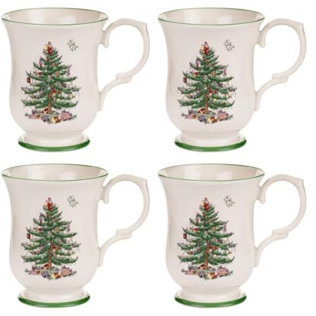 Spode Christmas Tree Footed Mug - 12 Oz Festive Mug for Coffee, Hot Cocoa, Lattes - Romantic Shape with Santa Design, Porcelain Mug - Dishwasher, Microwave, & Freezer Safe, Gift-Boxed (Set of 4)