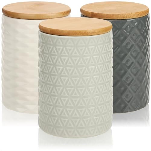 com-four® 3x Vorratsdose aus Keramik mit Bambus-Deckel - moderne Aufbewahrungsbehälter in 3 Farben - runde Keramikdosen mit 3-D Muster für Küche, Bad, Esszimmer (grau - 10x14cm - 3 Stück)