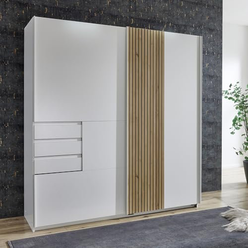 Lomadox Kleiderschrank Schwebetürenschrank 180cm, weiß mit Eiche, mit 3 Schubladen