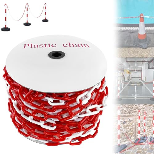 ACXIN Absperrkette Plastikkette 25m Rot Weiß Kunststoff, 6mm Stärke Parkplatz Absperrung Kunststoffkette Warnkette für Barrieren in Auffahrten, Arbeitsplätzen und Garagen