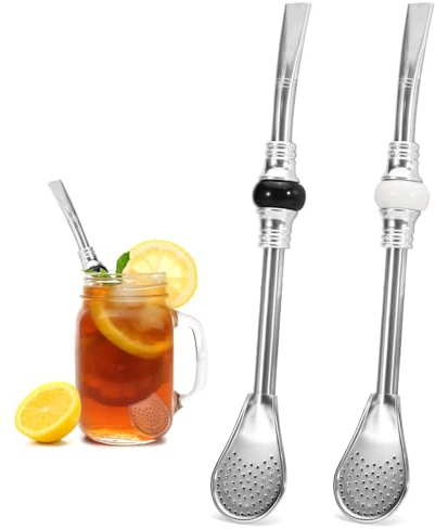 Fatiya 2 Piezas Pajita de Yerba Mate de Acero Inoxidable, Pajitas Reutilizables de Cuchara Bombilla Mate, Pajita de Filtro de Té y Café de 19cm de Largo para Té Suelto Cóctel (Cuentas Negro y Blanco)