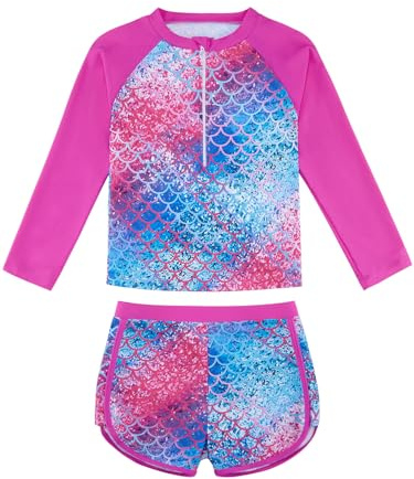 Girls Swimming Costume Toddler Kids Rash Guard Swimsuit Bathing Suit Swim Set Two Pieces Long Sleeve Swimming Sets for 3 4 5 6 7 8 9 10 Years,UPF 50+ Protection