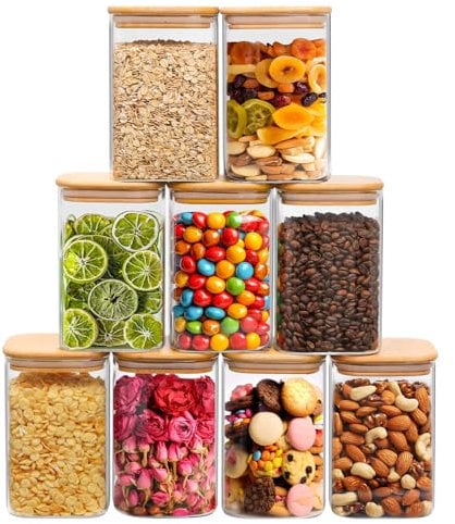 ComSaf 1100ml Glass Storage Containers with Lids, Glass Jars with Bamboo Lids, Clear Food Storage Jar, Square Glass Canister Set of 9, Pantry Organizers and Storage for Flour Oat Pasta Tea Coffee Bean