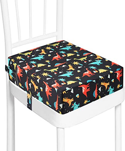 Toddler Booster Seat for Dining Table, Washable Thick Strong Support Portable Booster Chair for Toddlers Eating, Easy Cleaning Booster Seat Cushion Detachable with Fix Straps (Black-Dinosaur)