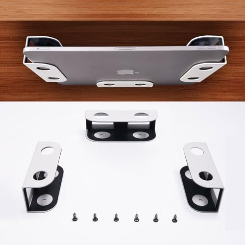 BYMECOST Under Desk Laptop Storage Mount, Metal Under Desk Device Holder, for Devices Up to 1.37 Thick, MacBook, Mini, Keyboard, Router, with Anti-Scratch Silicone (White)