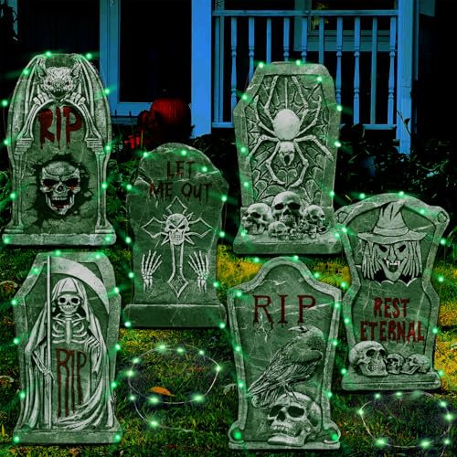 Kazaigou 6 Stück Halloween Deko Grabstein Groß mit 6 Stück 3Meter Lichterkette, Wasserdichtes Grabstein Deko Outdoor Schilde, Außen Dekoration Set für Rasenhof Hinterhof Haunted Friedhof Zombie