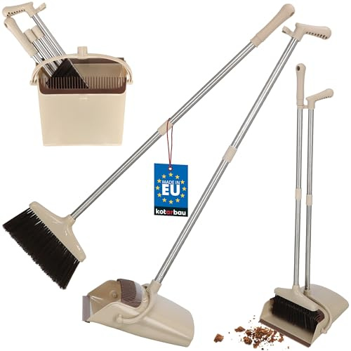 KOTARBAU Alejandro escoba y barredora con mango largo y escoba sin doblar, plástico y acero inoxidable, ideal para suelos de linóleo, color crema, negro, plata