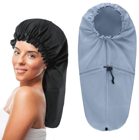 2 Pcs Large Shower Cap for Braids, Extra Long Shower Cap for Women Long Hair & Locs, Waterproof Hair Bonnets for Dreadlocks Drawstring Bath Caps for Women & Men (Black, Grey)