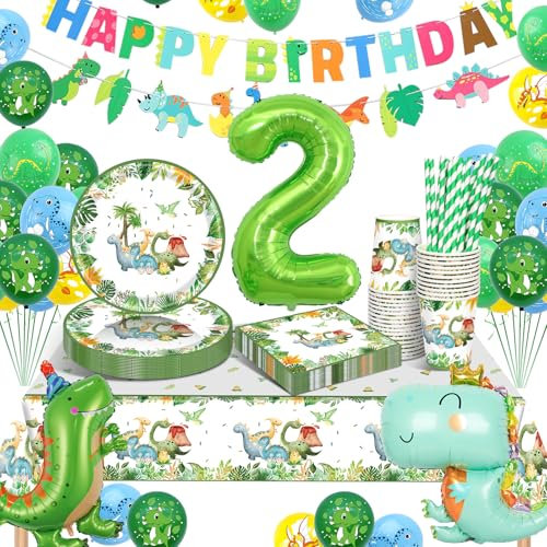 Dinosaur Party Decorations, 16 Guests Dinosaur Tableware, Dinosaur 2th Birthday Decorations, Dinosaur Party Supplies Paper Plates Cups Napkins Table Cloth Balloons for 2th Kids' Birthday
