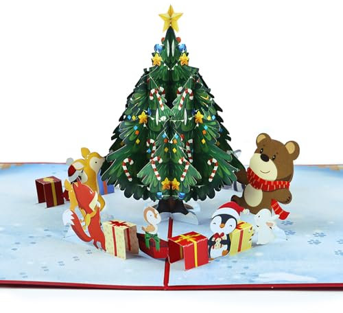 GEBETTER Tarjeta Navidad Pop Up 3D Plegable y Sobre Blanco, Tarjeta Navideña, Postal Navideña, Felicitaciones Navidad, Christmas Card, Regalo Niños Amigos Familiares Fiesta (Árbol y Animalitos)