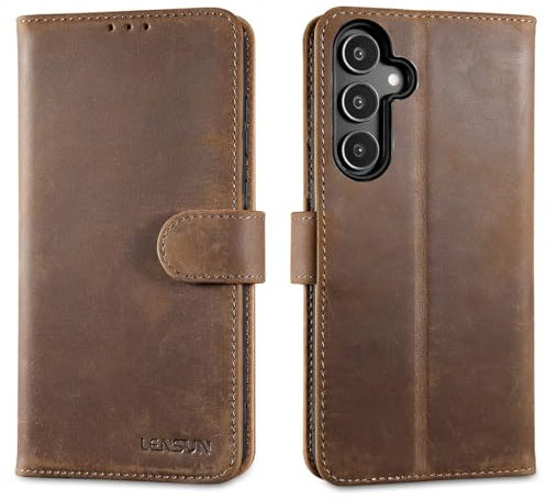 LENSUN Echtleder Hülle für Samsung Galaxy A35, Handyhülle [Echtes Leder][Brieftasche][RFID Blocker] Handytasche Lederhülle Flip Cover - Vintage Dunkelbraun