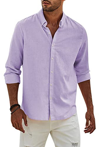Elegancity Chemise en Lin pour Homme Manches Longues Boutonnée Coupe Régulière Uni Chemise de Plage décontractée d'été,Violet XL