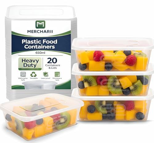 MERCHARII Food Containers, 20 x 650ml Plastic Food Containers With Lids, Heavy Duty, Airtight, BPA Free, Reusable, Microwave & Freezer Safe,Takeaway Meal Prep Containers For Hot & Cold Food