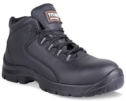 Titan Safety Footwear Hiker Black S3 Water Resistant Safety Boots with Anti-Static Protection, Anti-Slip Black Leather Hiker with Steel Toe Cap and Protective Steel Midsole, Ankle Support