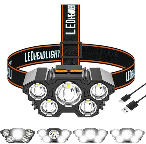 POCKETMAN 5 LED Superhell Stirnlampe,4 Modi USB Wiederaufladbar Kopflampe,Wasserdicht für Arbeit, Camping, Wandern, Angeln, Fahrrad,Laufen, Joggen