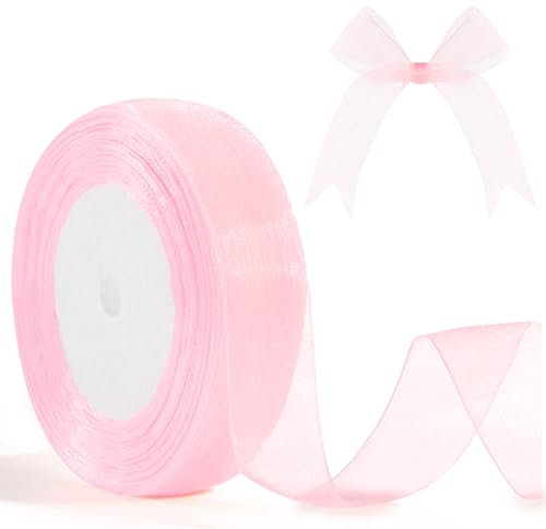 Nastro Organza Rosa per Decorazioni Matrimonio 25mm 46m Nastro Regalo Organza per Bomboniere Pacchi Rosa Tessuto Decorativo per Decorazioni Matrimonio Baby Shower Prima Comunion Capelli Sposa Fiori