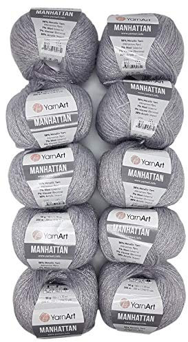 10 x 50g Ilkadim Export Manhattan Strickgarn, Viscose - Garn mit Glitzer, 500 Gramm Metallic-Wolle, Effektwolle, Strickwolle Metalliceffekt (silber flieder 910)