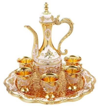 KYEQATY Turkish Tea Set with Pot Tray and 6 Cups Vintage Turkish Coffee Set Alloy Moroccan Tea Set Turkish Tea Cups for Home Wedding Decoration