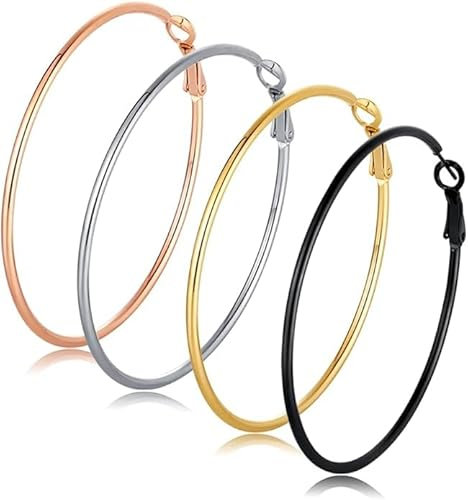 Lot de 4 Paires de Boucles D'oreilles pour Femme - 316L Acier Inoxydable Grandes Boucles D'oreilles Créoles Hypoallergénique Plaqué Or 14K Argent/Or/Or Rose/Noir (60mm)