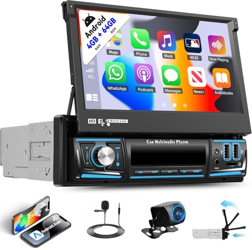 4G+64G Single Din Android Car Stereo Wireless CarPlay Android Auto, 1 Din 7 Inch Flip Out Touch Screen GPS Navi Bluetooth 5.0 WiFi FM/RDS Radio DSP 2 USB/AUX/TF Mirror Link SWC+ Backup Camera Mic