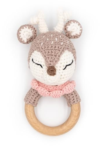 Greifling personalisiert mit Namen - Holz Beißring Baby gehäkelte Tiere - Babyrassel - Babygeschenke zur Geburt für Mädchen/Jungen - Baby Erstausstattung Neugeborene (Reh rosa)