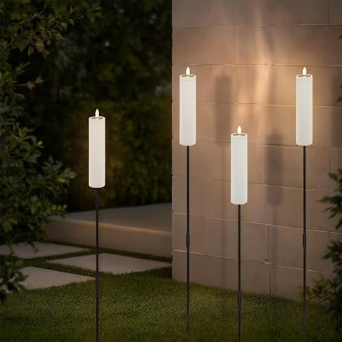Solar Gartenfackel LED Kerze mit Flammen Effekt 99 cm - 4er Set - Gartenstecker warm weiß beleuchtet mit Kerzenflackern - Garten Deko Außen Beleuchtung Beetstecker Solarleuchte Wegeleuchte Gartenlicht