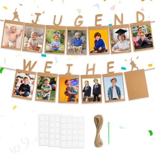 GTJEOI Jugendweihe Deko Neutral, Fotogirlande Deko zur Jugendweihe, inkl 13 Kraftpapier Karten von 1 bis 13 Jahre, Foto Hängende Wanddekoration für Junge & Mädchen, Gastgeschenke Jugendweihe