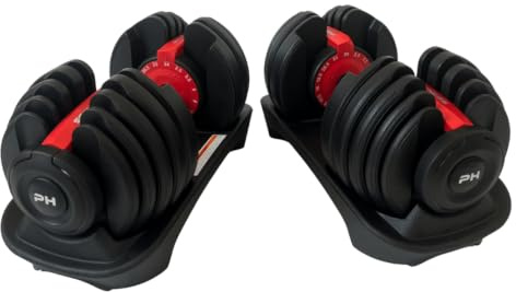 PH Fitness Verstellbare Kurzhanteln 2 × 24 kg, 2er-Set, 15 Gewichtsstufen, Einhand-Verstellsystem, Stahl/Verbundmaterialien, Rot