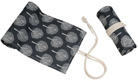 Pencil Roll Plant Pattern Canvas Pen Curtain Sketch Pencil Roll Bag Bundled Pencil Case-Gray Tree-72 Holes