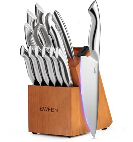 Knife Set, EWFEN 14-Piece Kitchen Knife Set with Block, German Stainless Steel Knives with Built-in Knife Sharpener, Anti-Slip Sharp Knives Set for Kitchen, Dishwasher Safe, Curved Handle