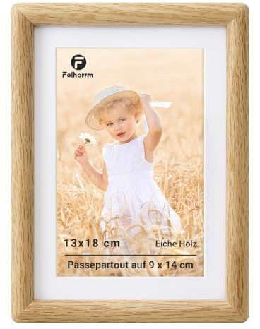 Feihorrm Bilderrahmen 13x18, Eichenholz Fotorahmen mit Gehärtetem Glas | Rahmen mit Passepartout für 9x14 Foto, Bilderrahmen Holz für Wohnzimmer, Schlafzimmer, Büro, Wand & Tischbilderrahmen
