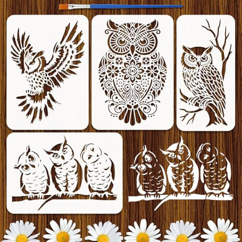 FINGERINSPIRE 4 Stück Eulen Malschablonen 2 Größen Wiederverwendbare PET Eulenschablonen Zum Malen Niedliche Eulen Blumenmuster Zeichenvorlagen Mit Pinsel Für Wände Stoffmöbel Kunstprojekte Halloween