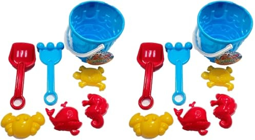 Ram® 5 Pieces Childrens Kids Beach Spade Sand Bucket Set each Sand Bucket Castle Set Tools With Rake and Spade Tools Children Outdoor Toy For your Spring/Summer Holiday (Pack of 2)