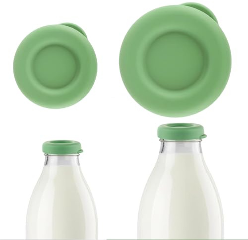 Vnvnvnv 2 Pack Reusable Milk Bottle Tops without Bottle [One Pint and 1 L] Silicone Milk Bottle Tops for UK One Pint and 1 L Milk Glass Bottles, Dishwasher Safe BPA FREE 100% Leakproof, Green