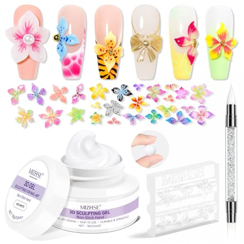 MIZHSE 3D Nail Gel for Sculpting Flowers Nails, White Sculpting Gel & Flower Nails Art Molds Set, Hard 3D Gels, UV Builder Gels Kit, White, 18g