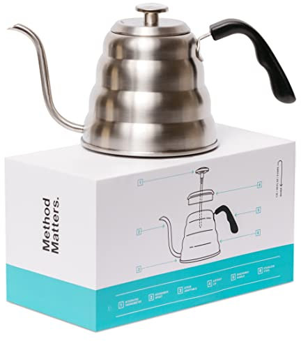 Barista Warrior Gooseneck Kettle for Pour Over Coffee and Tea with Thermometer for Exact Temperature, Precision Pour Drip Spout, Stainless Steel, Compatible with all Stove Tops (1.2 Liter, 40 fl oz)