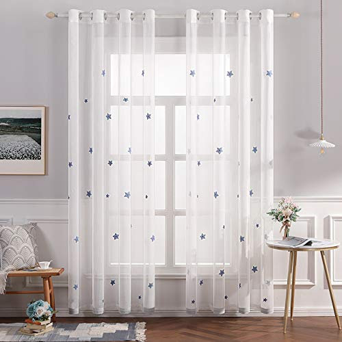 MIULEE Vorhang 2er Set Voile Sheer Sterne Stickerei Ösen Transparent Deko Gardine Ösenvorhang Schals Fensterschal für Kinderzimmer Wohnzimmer Schlafzimmer 140x175 cm(B x H) Sterne Blau
