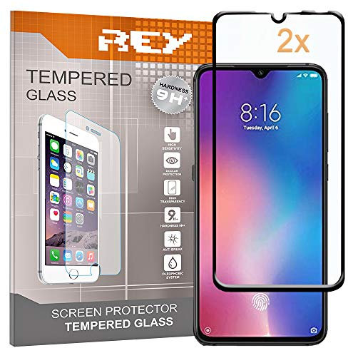REY 2X Protector de Pantalla 3D para XIAOMI MI 9 - MI9, Negro, Protección Completa, 3D / 4D / 5D