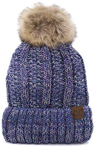 C.C Strickmütze mit Zopfmuster, Kunstfell, mit Bommel und Fleece-Futter - - Large