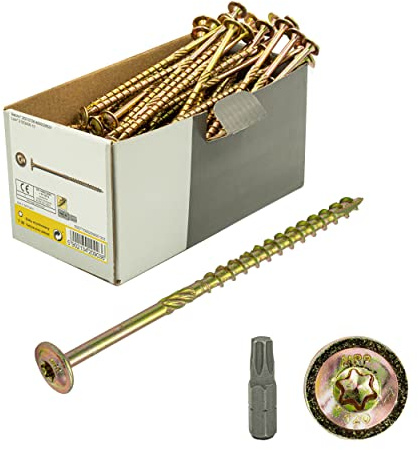 Tellerkopfschrauben 6x50 mm Torx TX – 100 Stück Holzbauschrauben Vollgewinde, Holzschrauben mit Tellerkopf für Holzbau, Dach, Balken & Konstruktionen, gelb verzinkt