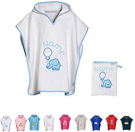 Stickling SET Kinder Badetuch Poncho und Waschhandschuh Waschlappen bestickt | personalisiert mit Namen | Baby Kapuze Bademantel | Robe | Baumwolle (hellblauer Elefant S)