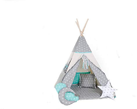 Rainbow Kids Tipi Zelt für Kinder | Baumwollsegeltuch Tippi Kinderzelt, Mehrere Muster und Farben mit und ohne Spielzubehör für Outdoor- und Indoor-Kinderspaß (Wolfstern Grau, mit Zubehör (klein))