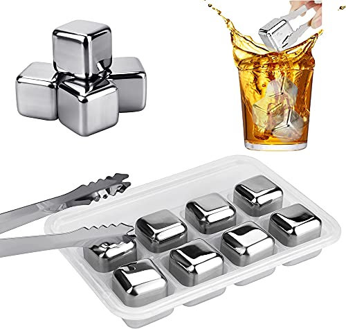 LYTIVAGEN 8 Stück Edelstahl Eiswürfel Whisky Steine Wiederverwendbar Eiswürfel Steine Whiskey Eiswürfel Set Edelstahl Gin Steine mit Zangge Schnell Kühlsteine für Wiskey Wodka Wein Gin Cocktails
